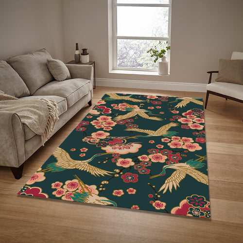 Floral Crane Rug: Exotic Boho Decor, Washable Area Rug