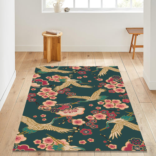 Floral Crane Rug: Exotic Boho Decor, Washable Area Rug