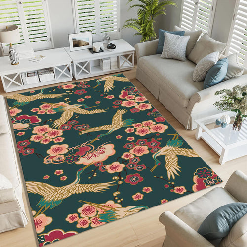 Floral Crane Rug: Exotic Boho Decor, Washable Area Rug