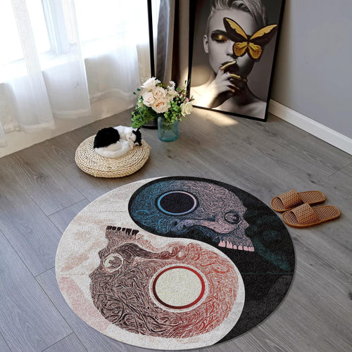 Yin Yang Gothic Round Rug Skull Aesthetic Kitchen Living Room