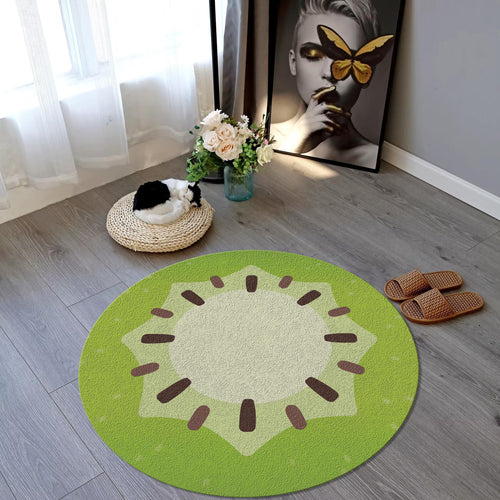 Kiwi Round Rug Fruit Kids Playroom Circle Carpet Washable