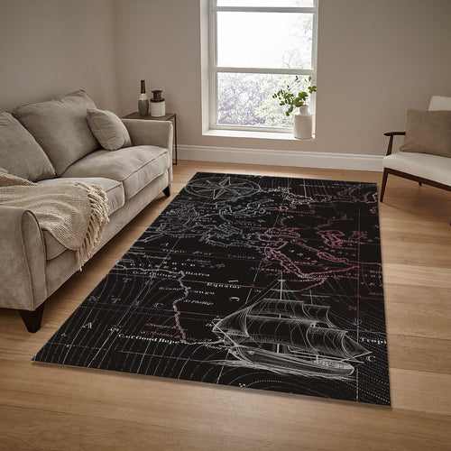 World Map Rug: Rustic Ship Design, Decorative Area Carpet