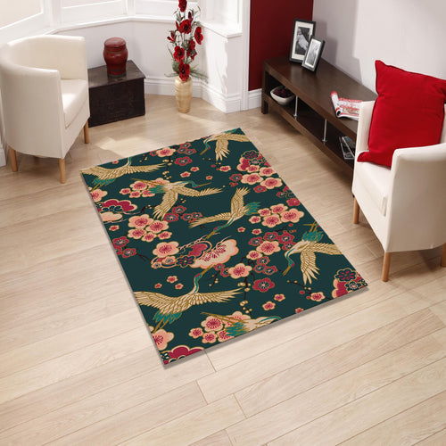 Floral Crane Rug: Exotic Boho Decor, Washable Area Rug