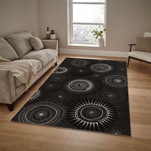 Boho Area Rug: Exotic Black and White Design, Washable, Non-Slip