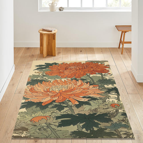 Floral Area Rug: Orange Blossom Abstract Design, Non-Slip