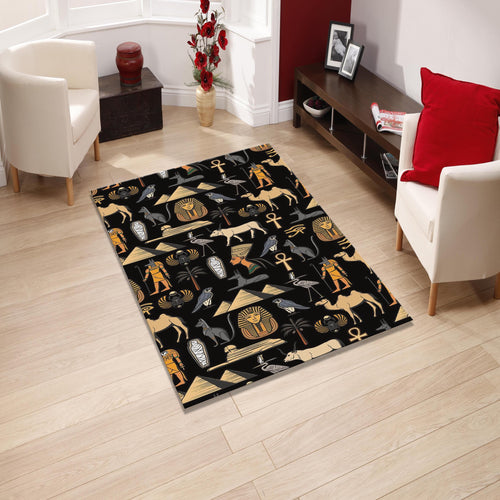 Egyptian Rug: Hieroglyphs, Pyramids, Anubis Design