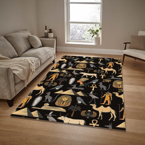 Egyptian Rug: Hieroglyphs, Pyramids, Anubis Design