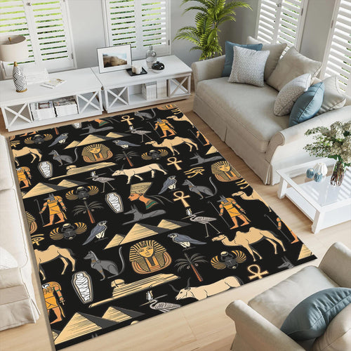 Egyptian Rug: Hieroglyphs, Pyramids, Anubis Design