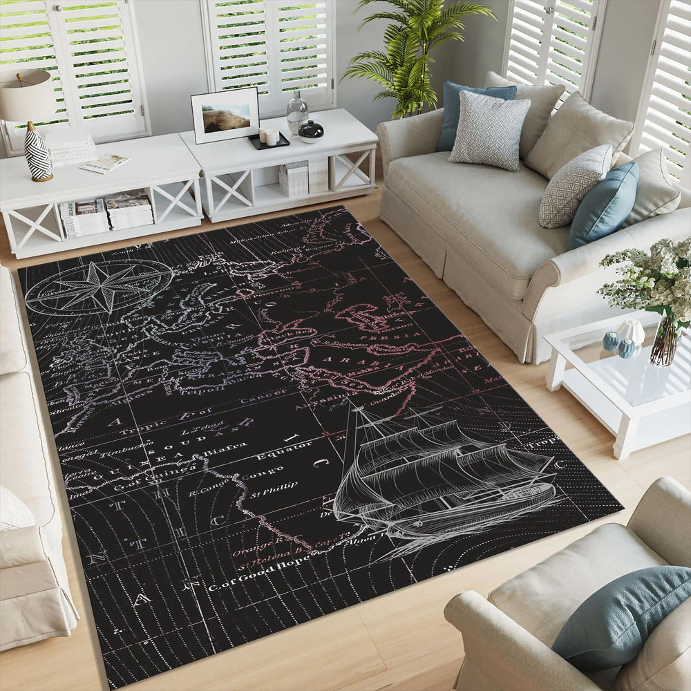 World Map Rug: Rustic Ship Design, Decorative Area Carpet