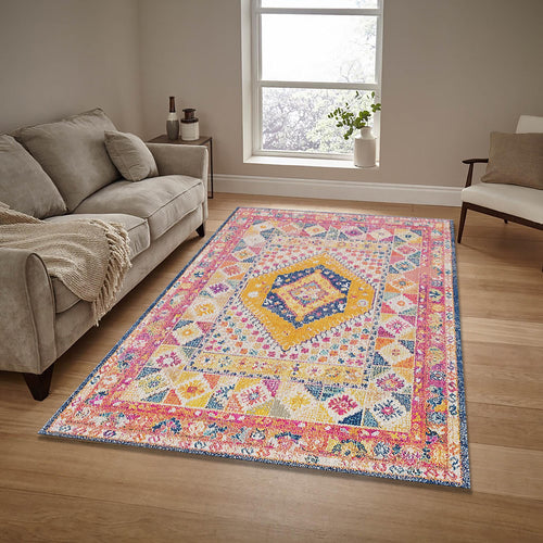 Turkish Vintage Rug: Boho Chic Medallion, Colorful Home Decor