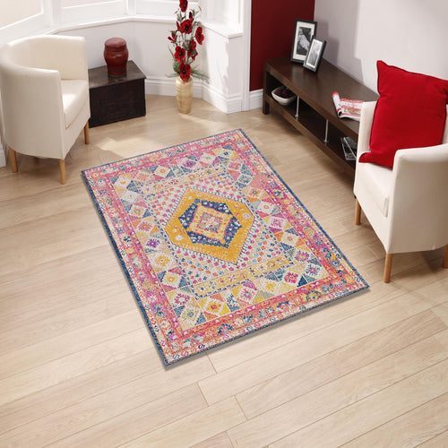 Turkish Vintage Rug: Boho Chic Medallion, Colorful Home Decor
