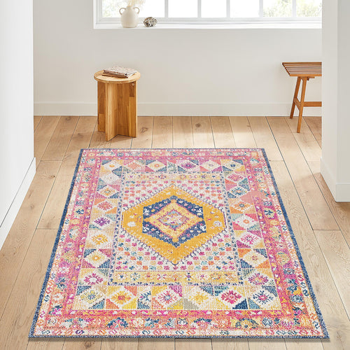 Turkish Vintage Rug: Boho Chic Medallion, Colorful Home Decor