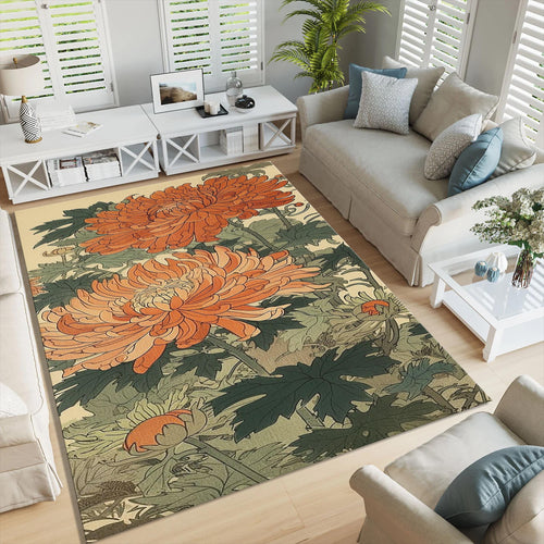 Floral Area Rug: Orange Blossom Abstract Design, Non-Slip