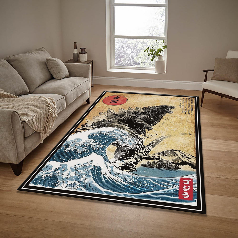 Godzilla Rug Retro Japanese Ukiyo-e Living Room Carpet Washable