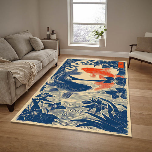Koi Fish Japanese Art Area Rug Zen Asian Living Room Floor Carpet