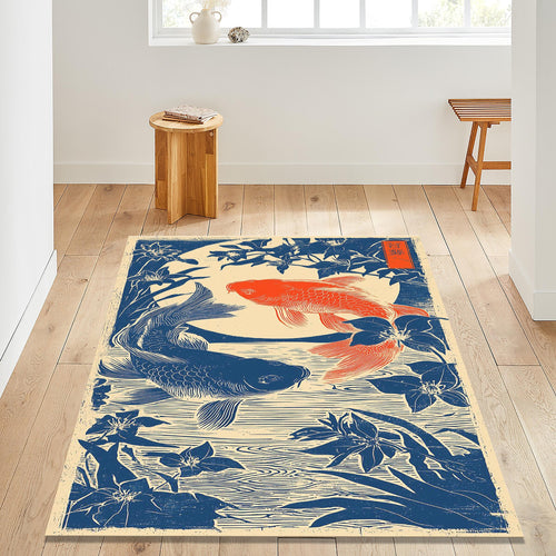 Koi Fish Japanese Art Area Rug Zen Asian Living Room Floor Carpet