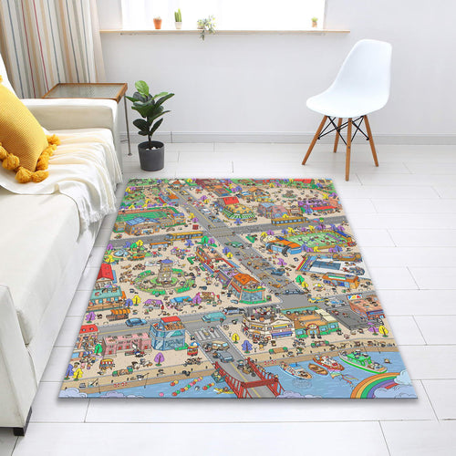 Colorful Town Play Mat, Kids Room Rug, Washable Nursery Decor