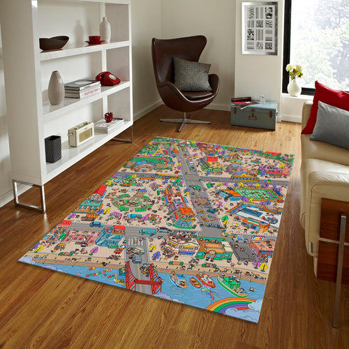 Colorful Town Play Mat, Kids Room Rug, Washable Nursery Decor