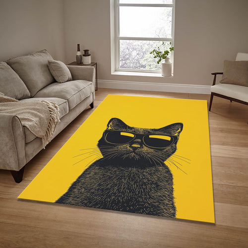 Cat Print Area Rug: Bohemian Yellow Decor, Tufted Living Room Rug