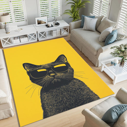 Cat Print Area Rug: Bohemian Yellow Decor, Tufted Living Room Rug