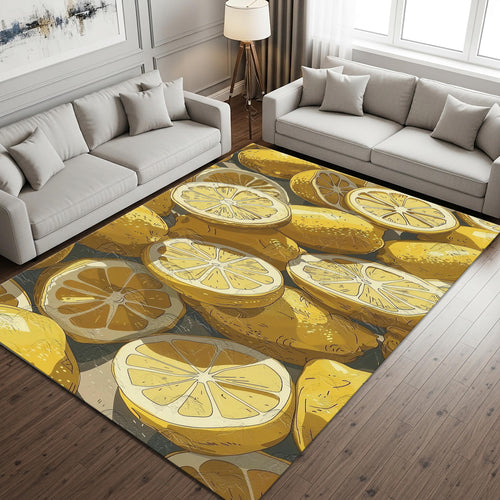 Lemon Pattern Kitchen Rug: Abstract Yellow Modern Saloon Rug