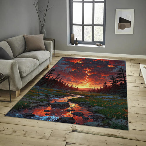Nature Landscape Rug, Sunset Mountain River, Personalized Area