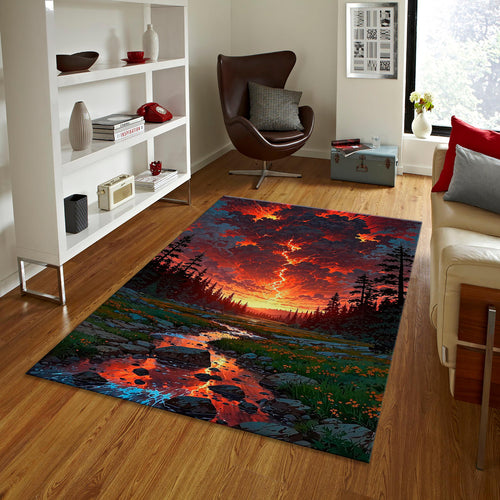 Nature Landscape Rug, Sunset Mountain River, Personalized Area