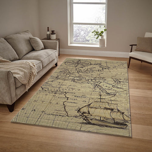 Old World Map Area Rug Rustic Compass Vintage Living Room Carpet