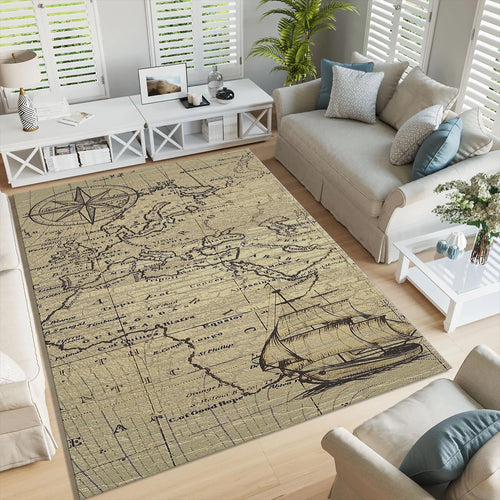 Old World Map Area Rug Rustic Compass Vintage Living Room Carpet