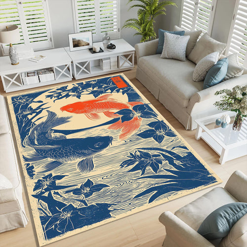 Koi Fish Japanese Art Area Rug Zen Asian Living Room Floor Carpet