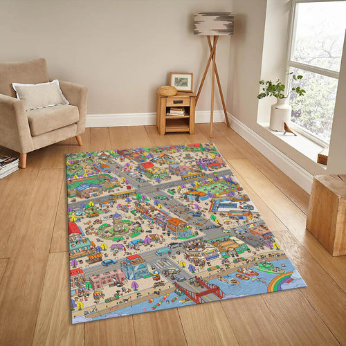 Colorful Town Play Mat, Kids Room Rug, Washable Nursery Decor