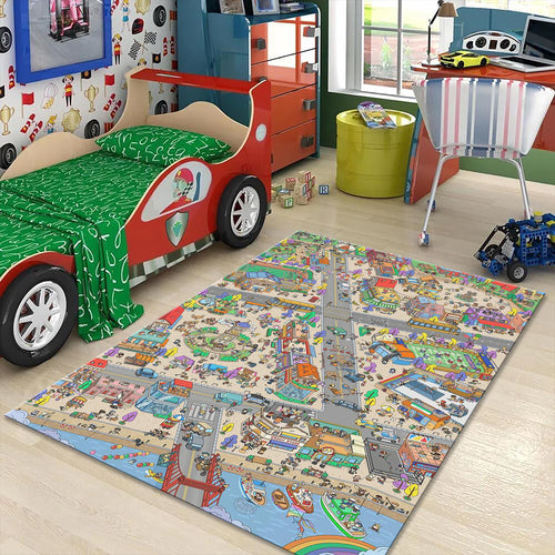 Colorful Town Play Mat, Kids Room Rug, Washable Nursery Decor