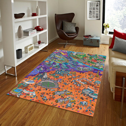 Playground Kids Rug, Colorful Town Design, Washable Nursery Decor
