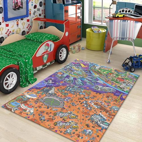 Playground Kids Rug, Colorful Town Design, Washable Nursery Decor