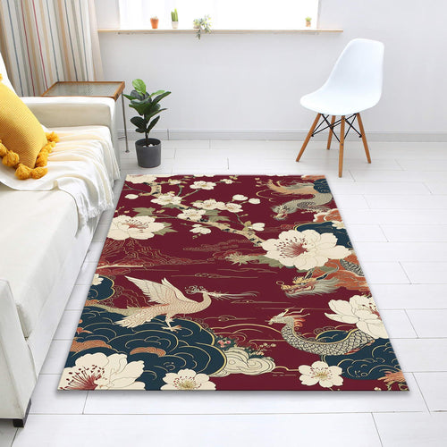 Oriental Dragon Area Rug, Asian Decor, Floral Pattern