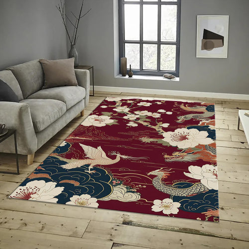 Oriental Dragon Area Rug, Asian Decor, Floral Pattern