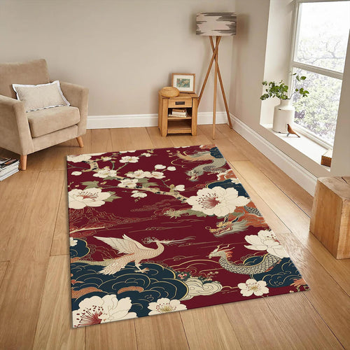 Oriental Dragon Area Rug, Asian Decor, Floral Pattern