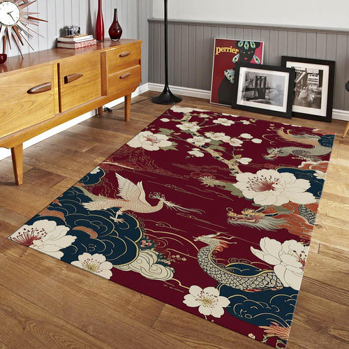 Oriental Dragon Area Rug, Asian Decor, Floral Pattern