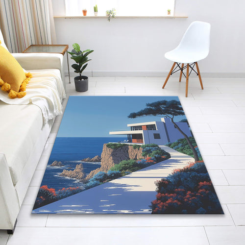 Coastal Cliff House Rug, Modern Home Decor, Personalized Rug