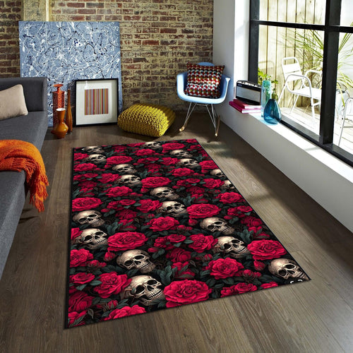 Floral Skull Area Rug: Boho Gothic Halloween Home Decor