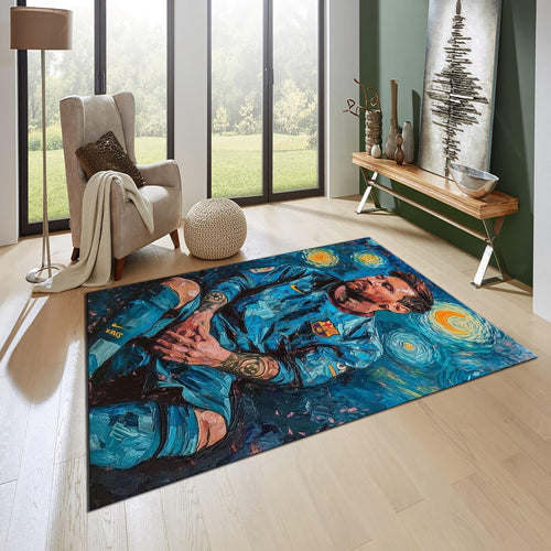 Messi Soccer Rug: Starry Night Art, Football Fan Gift