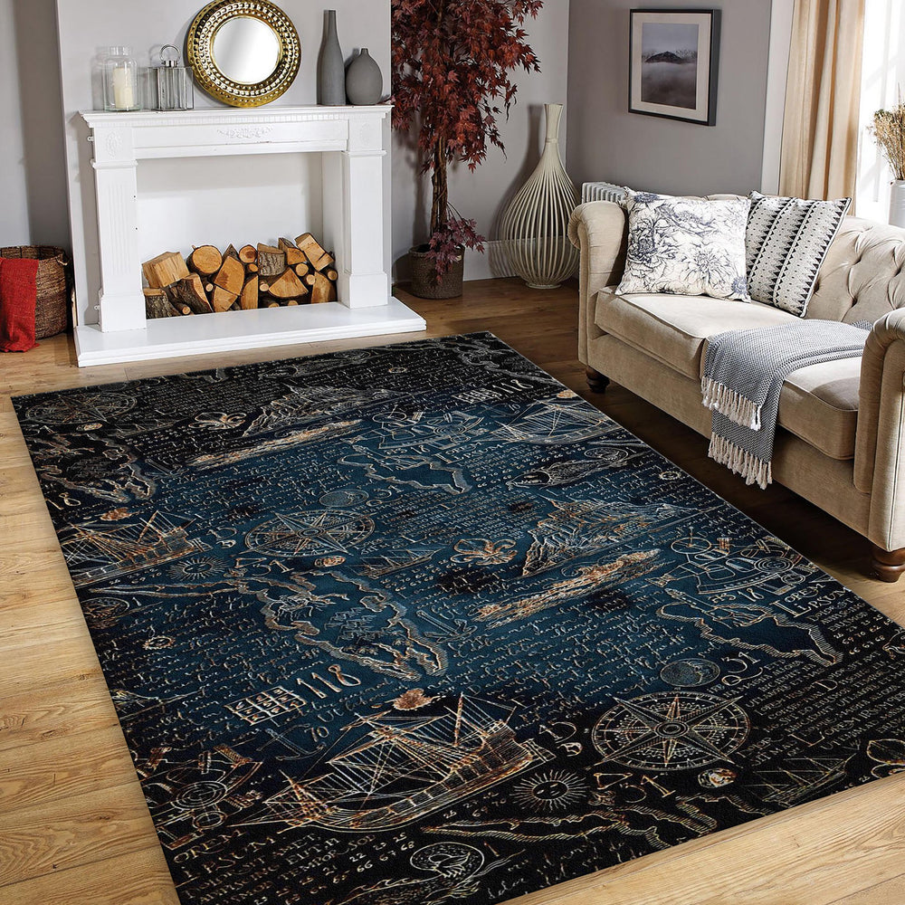 Map Rug, Compass Rug, Abstract Area Rug, Modern Non Slip