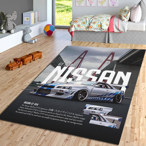 Nissan GTR R34 Rug, Sports Car Decor, Racing Style Area Rug