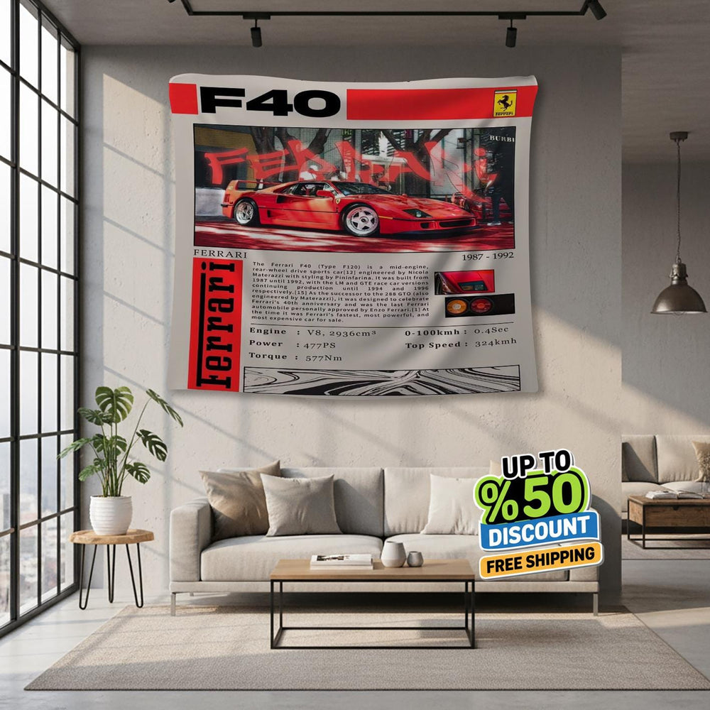 Ferrari F1 Rug, Ferrari F40 Tapestry: Car Lover Wall Art