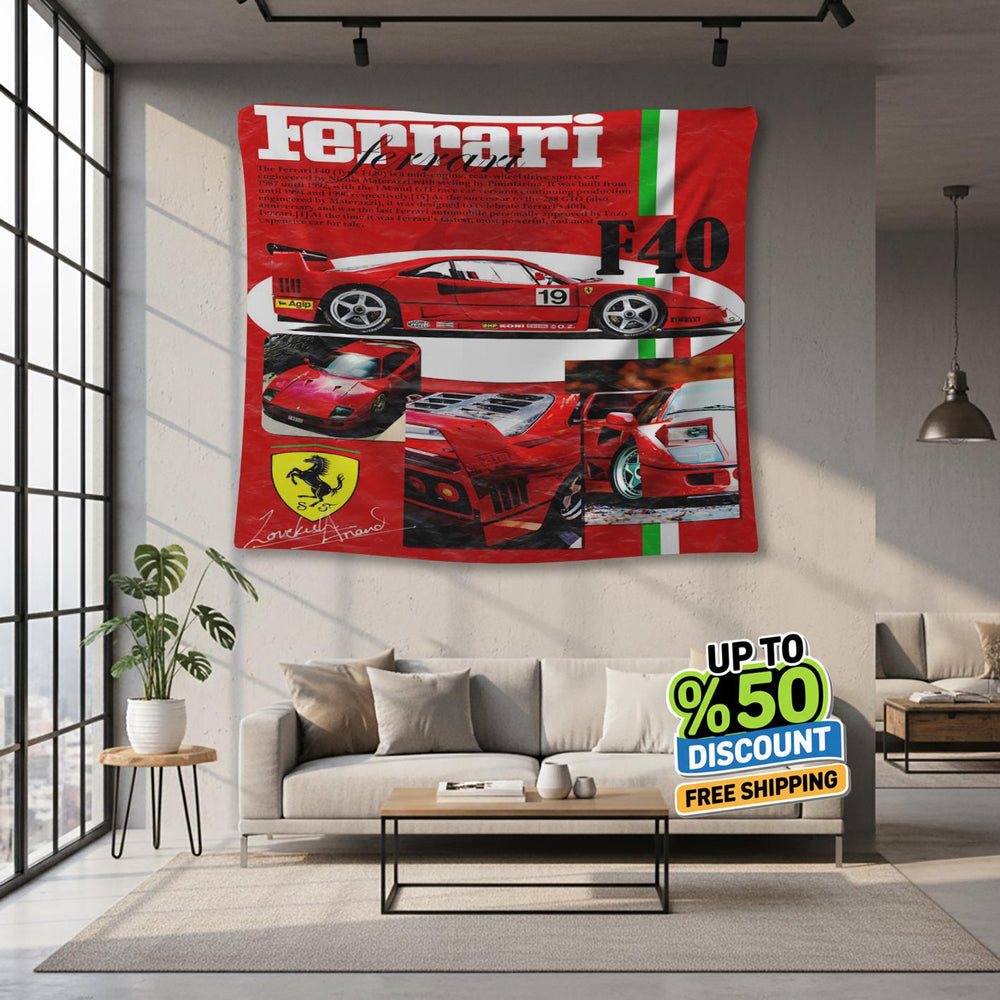 Ferrari F1 Rug, Ferrari F40 Tapestry: Car Lover Wall Hanging