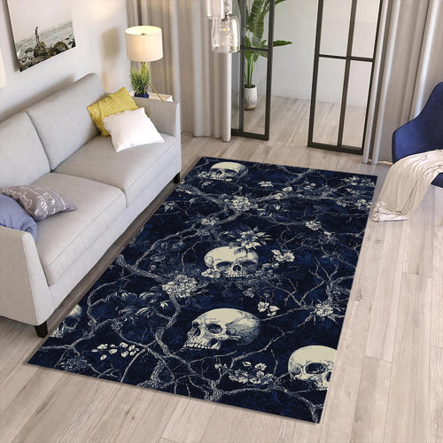 Skull Rug, Dark Blue Rug, Floral Cottagecore Flowers, Floral