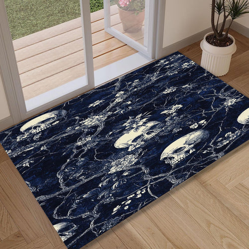 Skull Rug, Dark Blue Rug, Floral Cottagecore Flowers, Floral