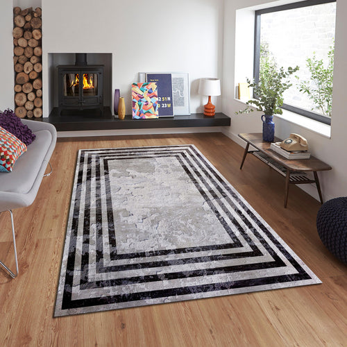 Gray Framed Area Rug, Modern Living Room Decor, Bathroom Decor