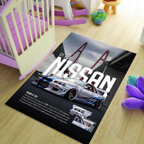 Nissan GTR R34 Rug, Sports Car Decor, Racing Style Area Rug