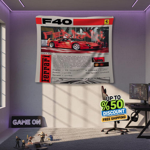 Ferrari F1 Rug, Ferrari F40 Tapestry: Car Lover Wall Art